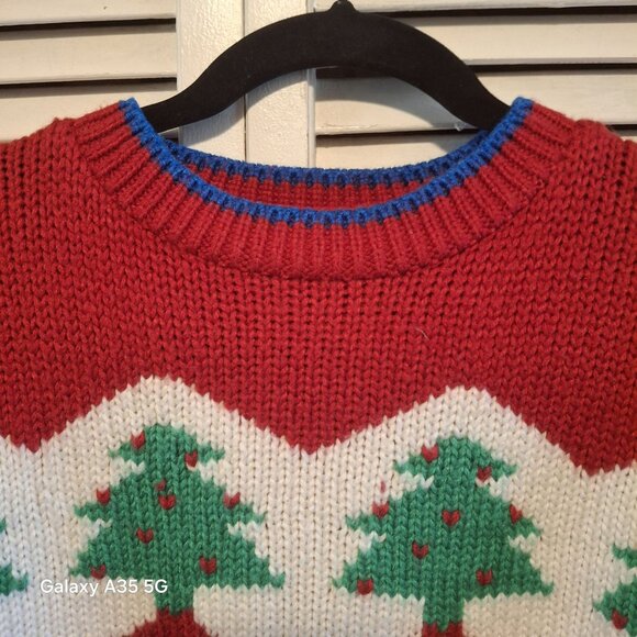Vintage Bravo Red Christmas Sweater Medium Snowmen & Trees Graphic Knit 100% Acr - Picture 4 of 7